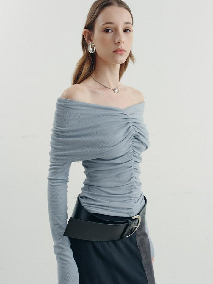 someone sometimes Soft Mist Blue Viscose Blend Slim Fit Round Neck Women Long Sleeve T-Shirts