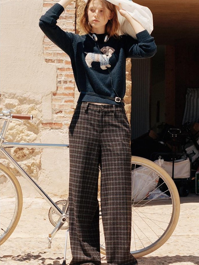 fano Wool Blend Plaid Relaxed Natural Waist Elastic Pocket Women Straight Pants