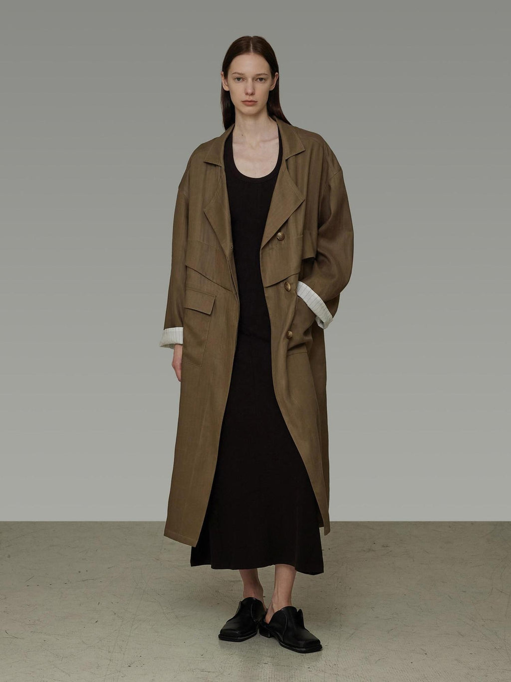 unspoken Minimalist Commuter Loose Long Single Breasted Women Olive Brown Trench Coats