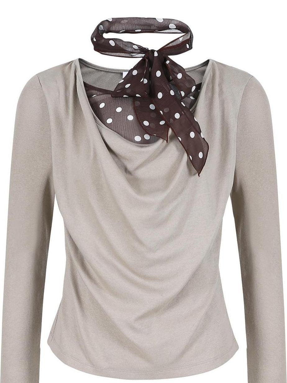 fano Soft Cotton Lyocell Polka Dot Mock Neck Layered Look Long Sleeve T-Shirts