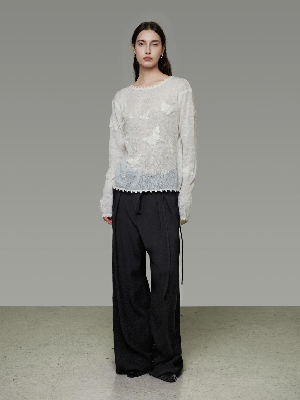 unspoken Breathable Knit Minimalist Relaxed Fit Butterfly Round Neck White Blouses