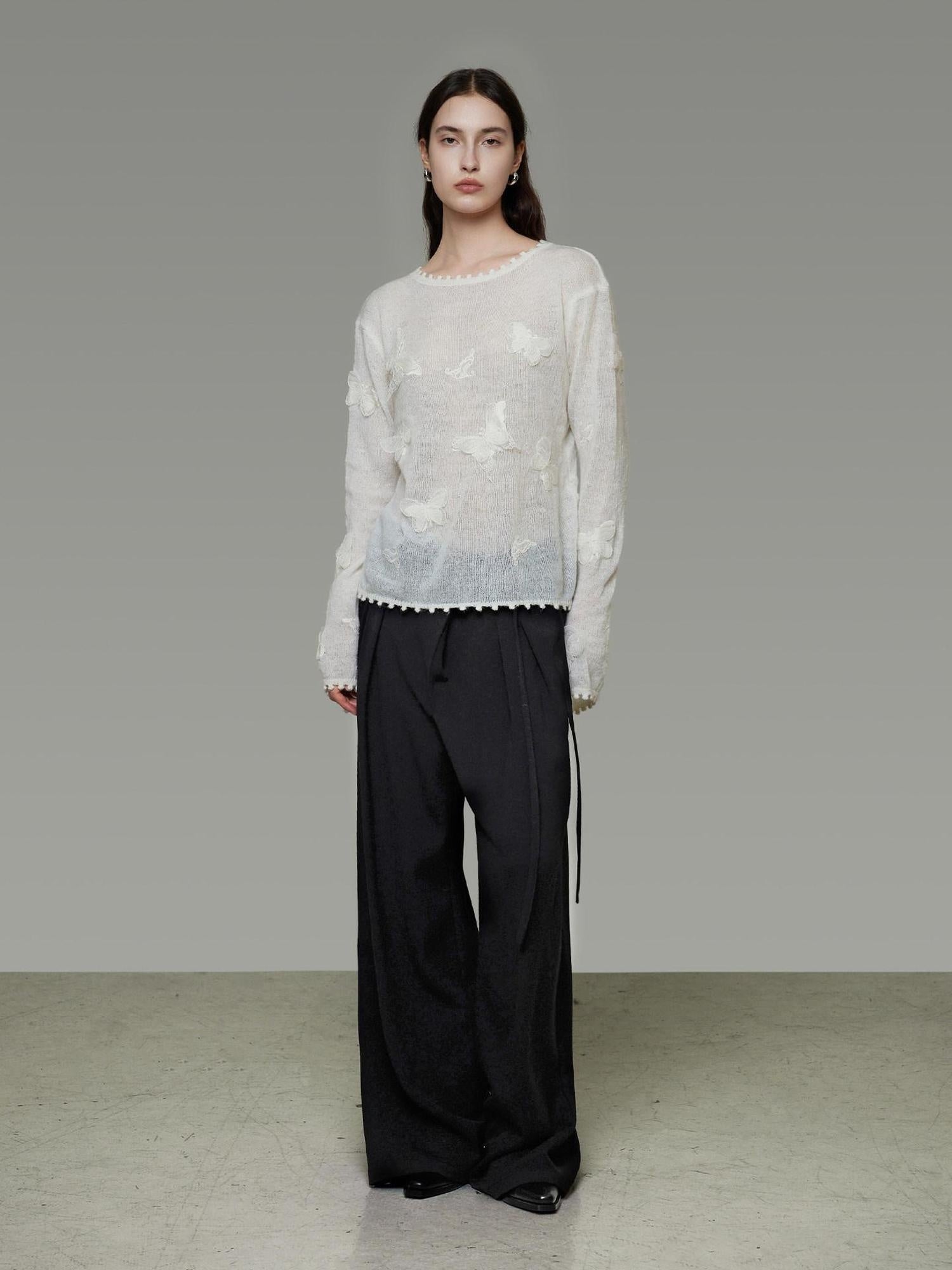 unspoken Breathable Knit Minimalist Relaxed Fit Butterfly Round Neck White Blouses