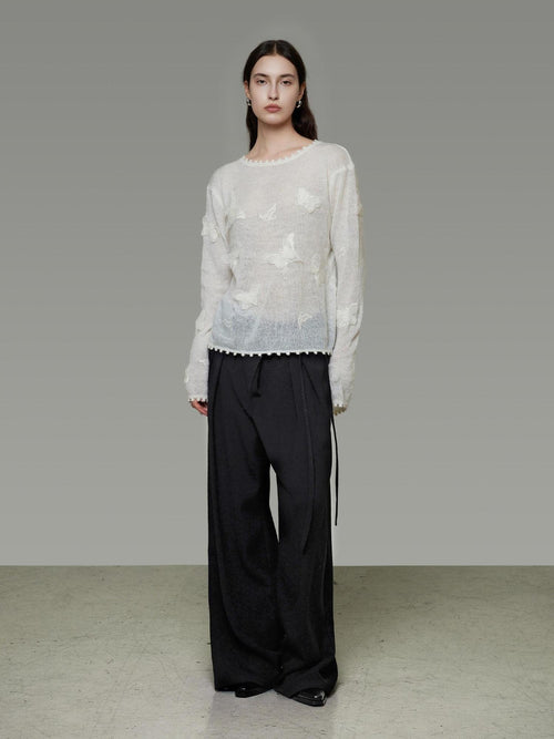 unspoken Breathable Knit Minimalist Relaxed Fit Butterfly Round Neck White Blouses