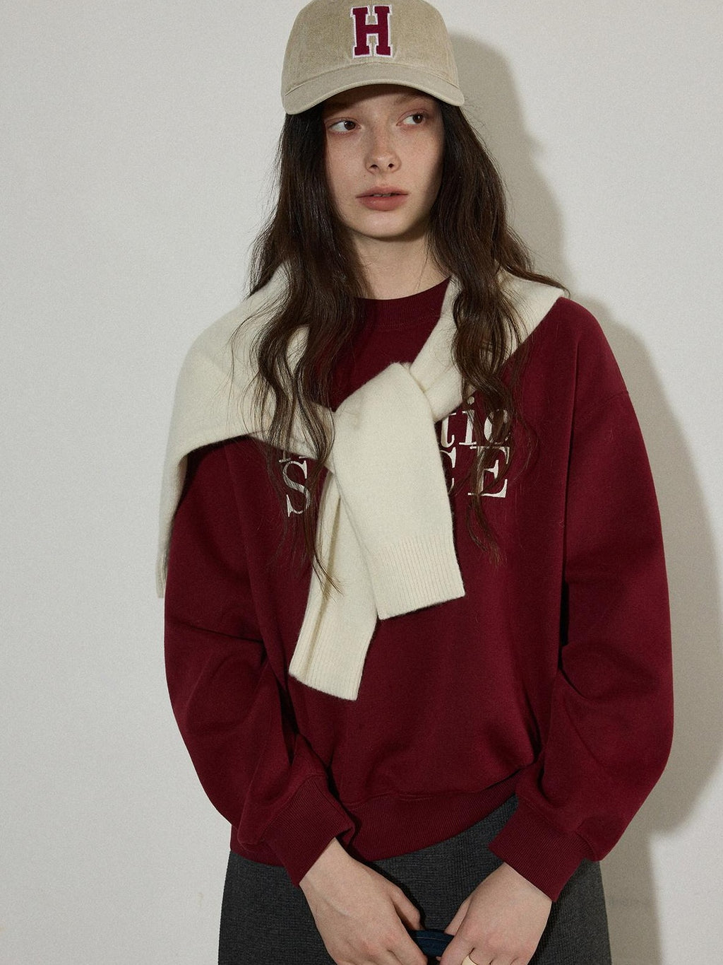 Lofi choose Embroidered Colorblock Loose Drop Shoulder Crewneck Female Cotton Sweatshirt