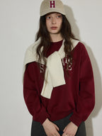 Lofi choose Embroidered Colorblock Loose Drop Shoulder Crewneck Female Cotton Sweatshirt