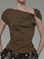 unspoken Eco Hemp Cotton 3D Detail Slim Fit Asymmetric Neck Brown Off Shoulder Crop Tops