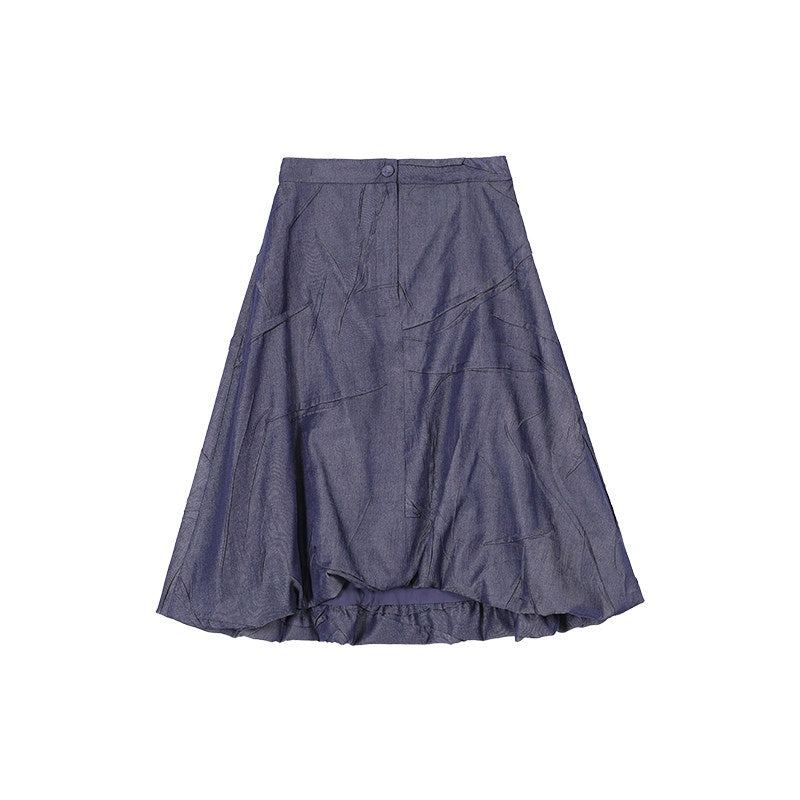 audreyyang_Original_Loose_Pleated_Faux_Denim_Collared_Long_Sleeve_Girls_Top_&_Skirt_Sets_MISSTT