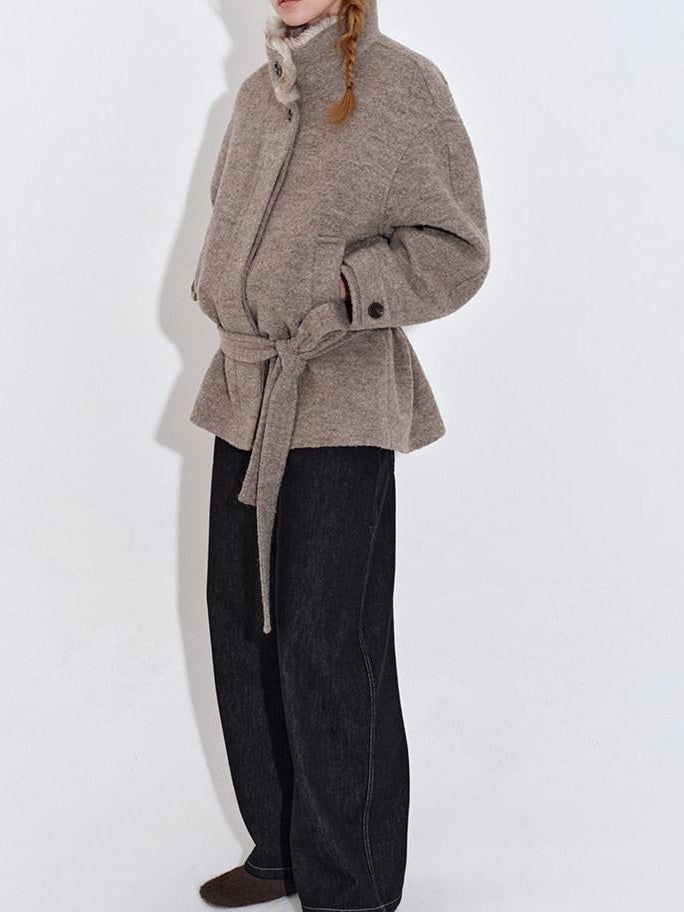 fano 70 Wool 30 Polyester Light Brown Women Korean Commuter Stand Collar Wool Coats