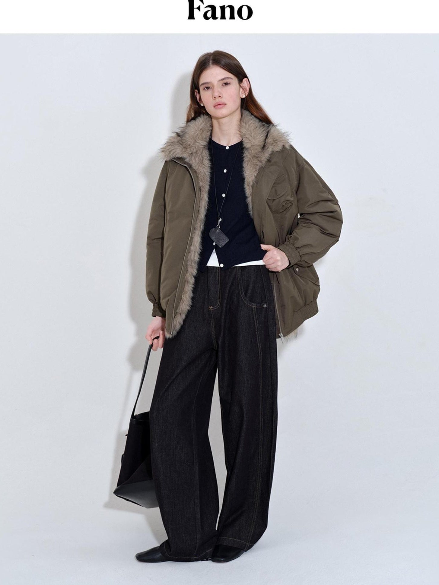 fano High Fill White Duck Down Warm Straight Fur Collar Women Army Green Down Jackets