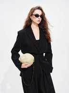 audreyyang Oversized Cinched Waist Short Notch Lapel One Button Black Polyester Blazers