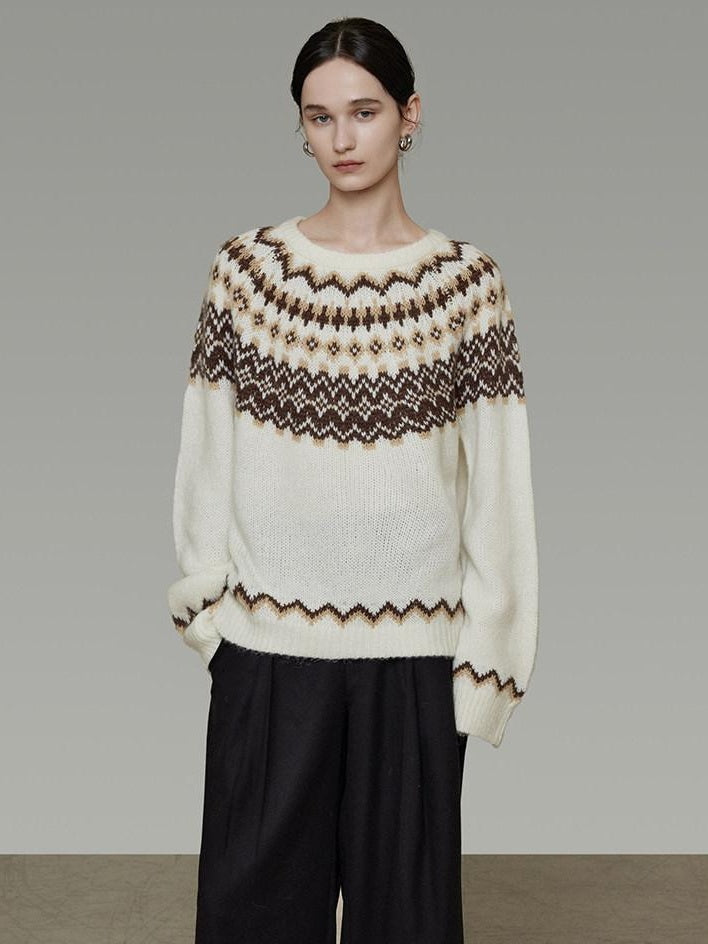 unspoken Warm Colorblock Commuter Loose Fit Crew Neck Pullover Knitwear Beige Sweaters