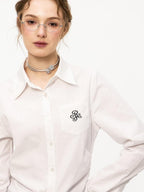 ikyou Embroidered Pleat Slim Fit Office Cotton Blend Collared Long Sleeve Blouses