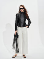 audreyyang Breathable Cotton High Waist Tailored Pockets Button Fly White Straight Pants