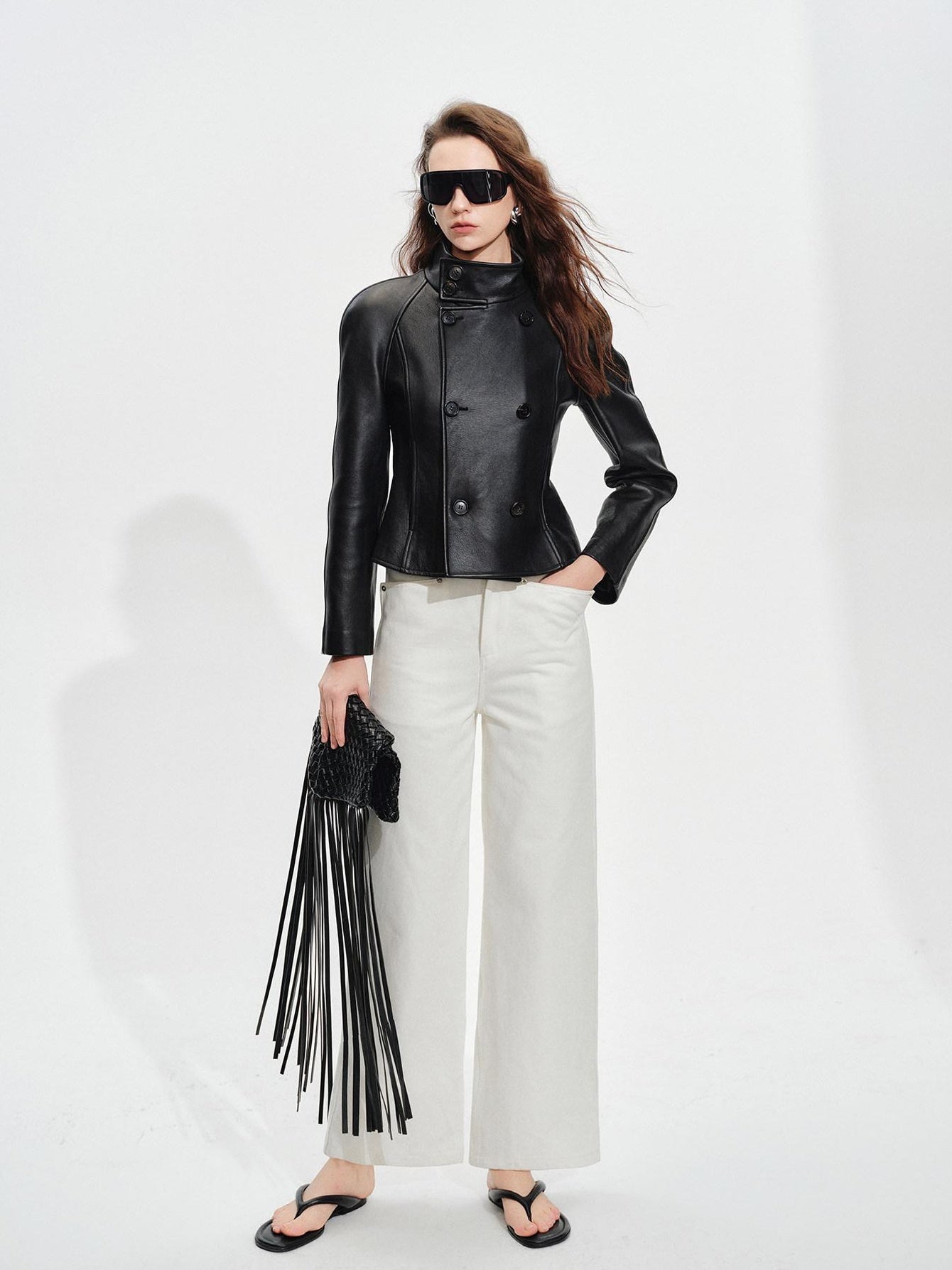 audreyyang Breathable Cotton High Waist Tailored Pockets Button Fly White Straight Pants