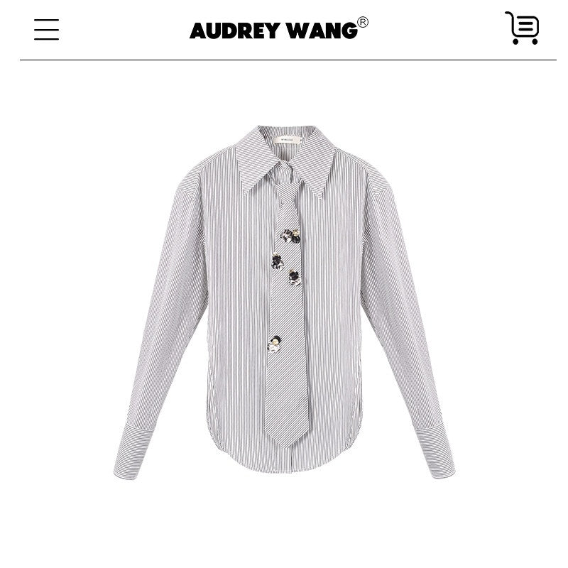 audreyyang_Original_Design_Relaxed_Tie_Neck_Collared_Tencel_Cotton_Striped_Blouses_MISSTT