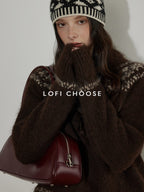 Lofi choose Thick Loose Fit Commuter Round Neck Pullover Women Knit Green Brown Sweaters