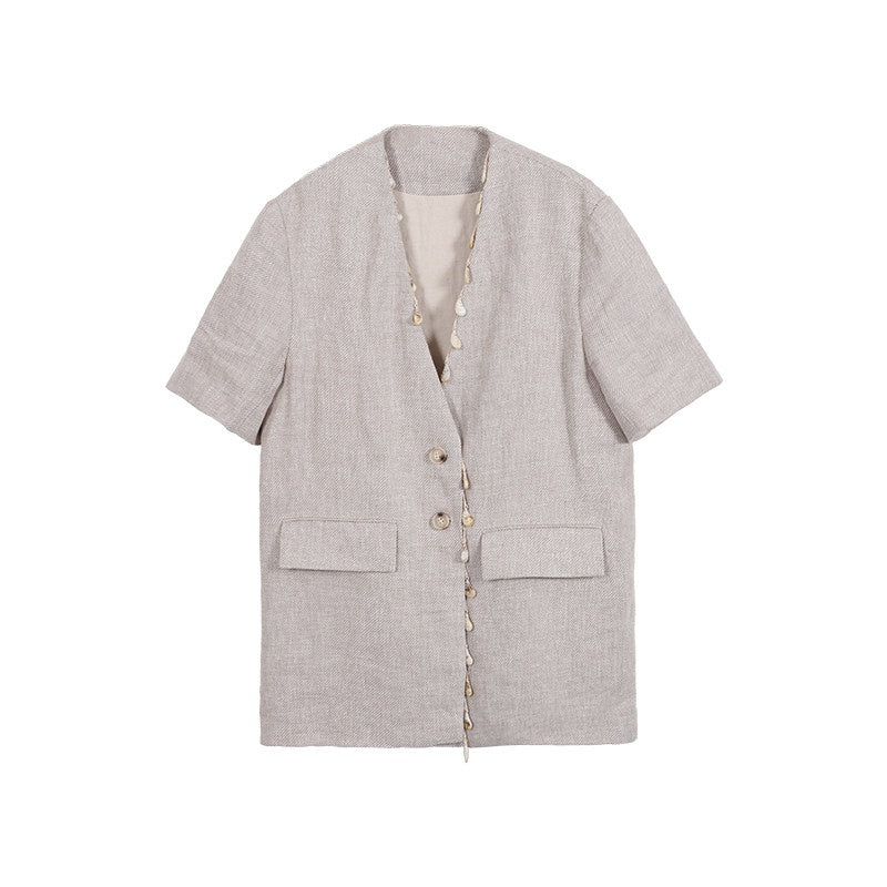 audreyyang_Pure_Linen_Relaxed_Short_Sleeve_Solid_Casual_Women_Lightweight_Top_&_Shorts_Sets_MISSTT