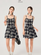 ikyou Slimming Cinched Waist Strappy Plaid A Line Office Midi Dresses