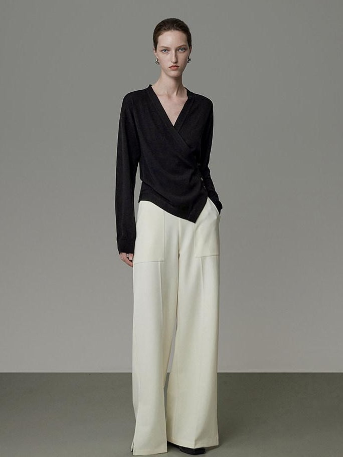 unspoken Soft Asymmetrical Loose Women V-neck Long Sleeve Black Blouses