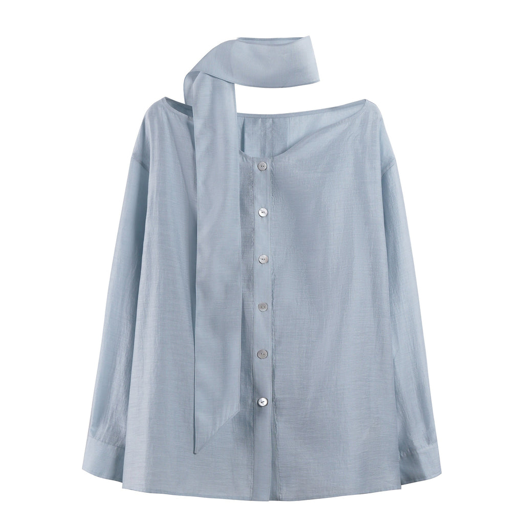 someonesometimes Breathable Lyocell Minimal Commuter Relaxed V-neck Button Tie Women Blouses