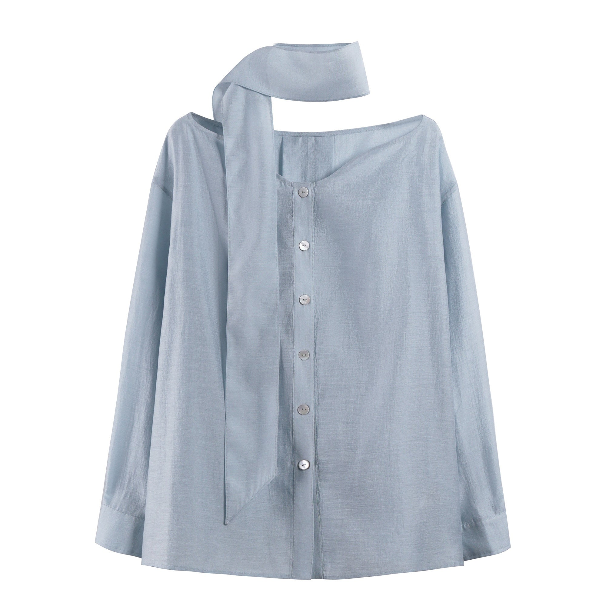 someonesometimes Breathable Lyocell Minimal Commuter Relaxed V-neck Button Tie Women Blouses
