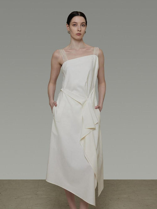 unspoken Cinched Waist Minimalist Asymmetric Spaghetti Strap A Line Midi Maxi Dresses