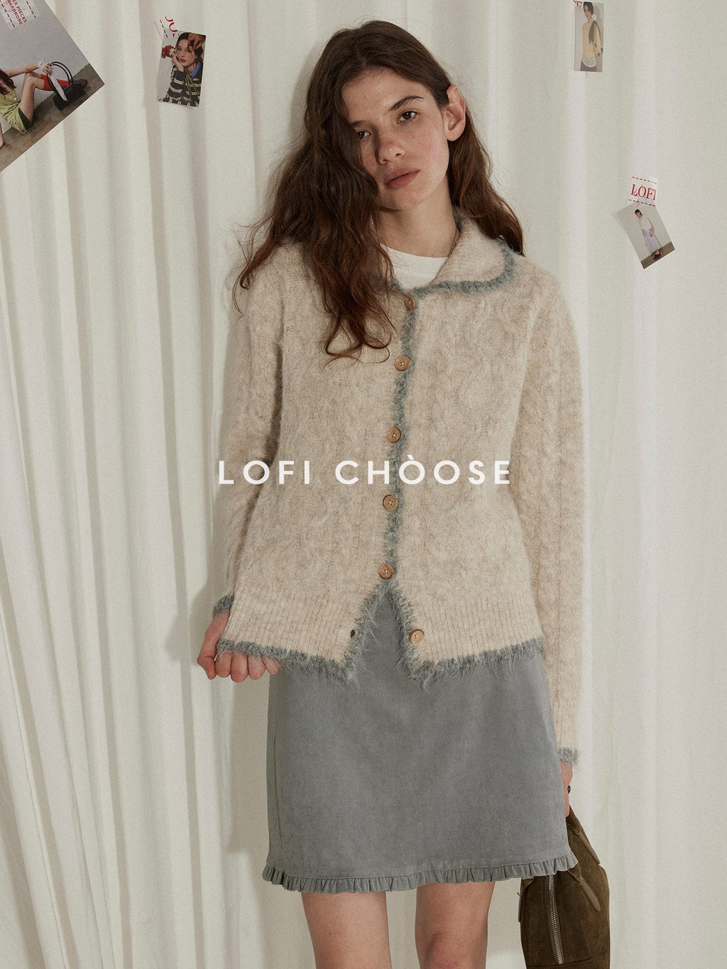 Lofi choose Wool Blend Contrast Trim Relaxed Lapel Button Women Oatmeal Knit Cardigans