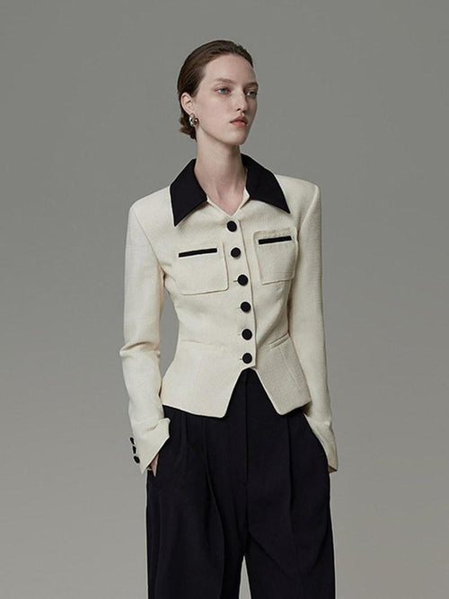 unspoken Colorblock Polo Collar Button Slim Fit Office Women Polyester Blouses