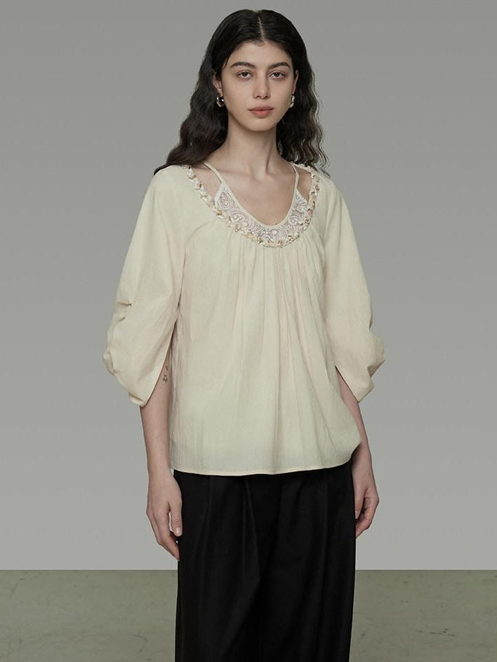 unspoken Durable 100% Cotton Original Relaxed Round Neck Women Beige Solid Blouses