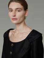 unspoken Slim Long Sleeve Square Neck Button Crop Top High Waist Black Top & Skirt Sets