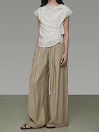 unspoken High Waist Pleated Elastic Workwear Khaki Viscose Wide Leg Pants