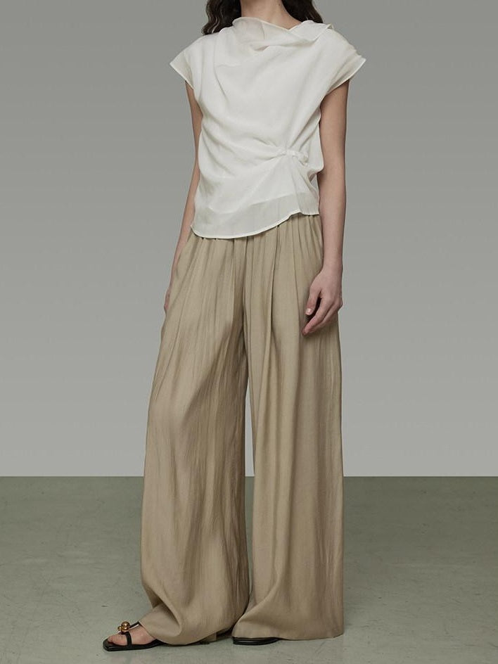 unspoken High Waist Pleated Elastic Workwear Khaki Viscose Wide Leg Pants