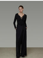 unspoken Viscose Knit Casual Slim Lace Trim Women V-neck Long Sleeve Black Blouses