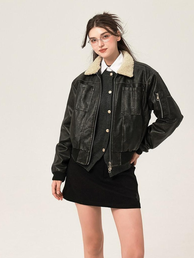 ikyou Thick Distressed Pu Patchwork Straight Zip Pockets Minimalist Leather Jackets