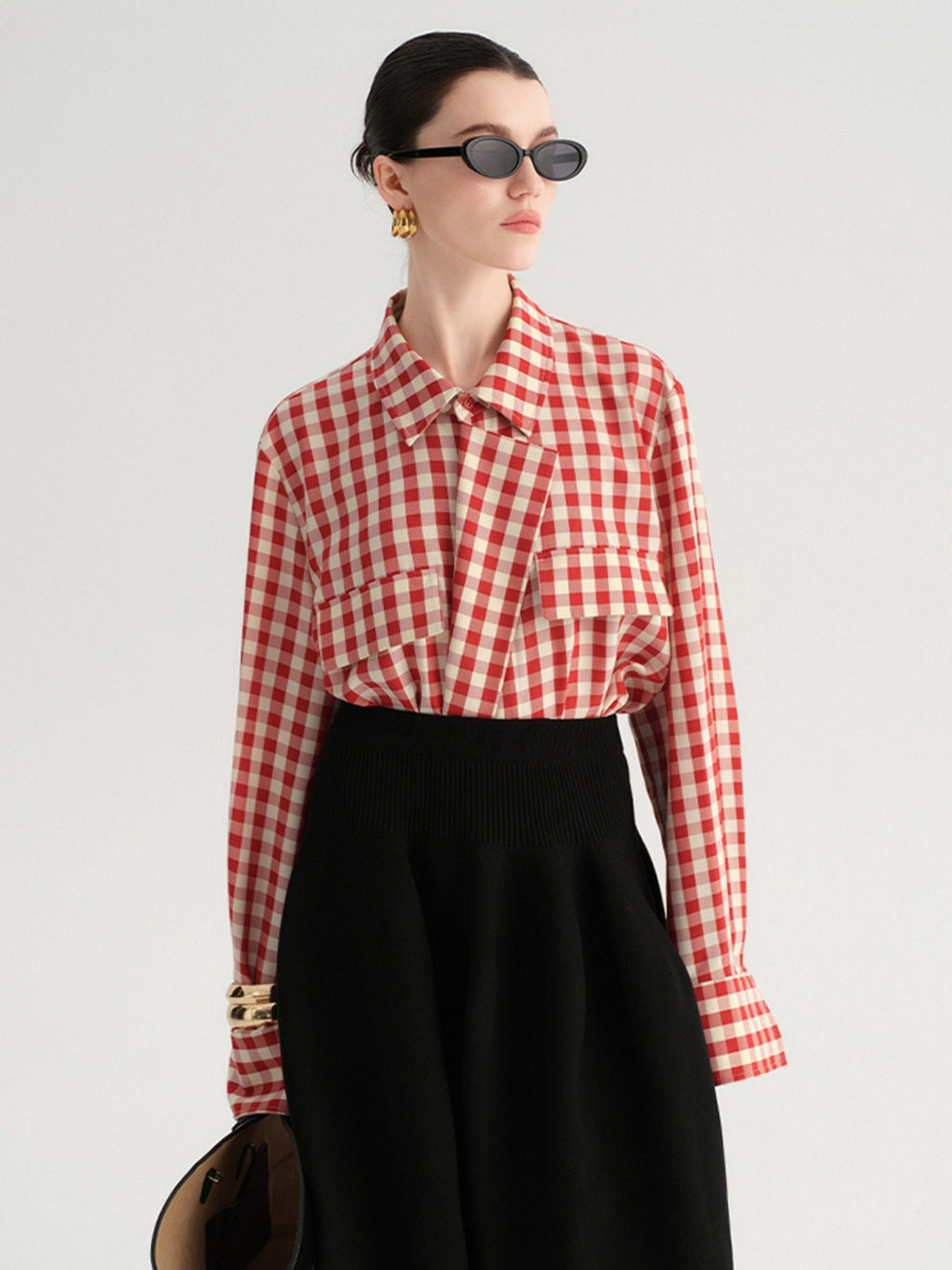 audreyyang Vintage Plaid Loose Fit Long Sleeve Collared Open Front Polyester Women Shirts