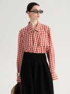 audreyyang Vintage Plaid Loose Fit Long Sleeve Collared Open Front Polyester Women Shirts