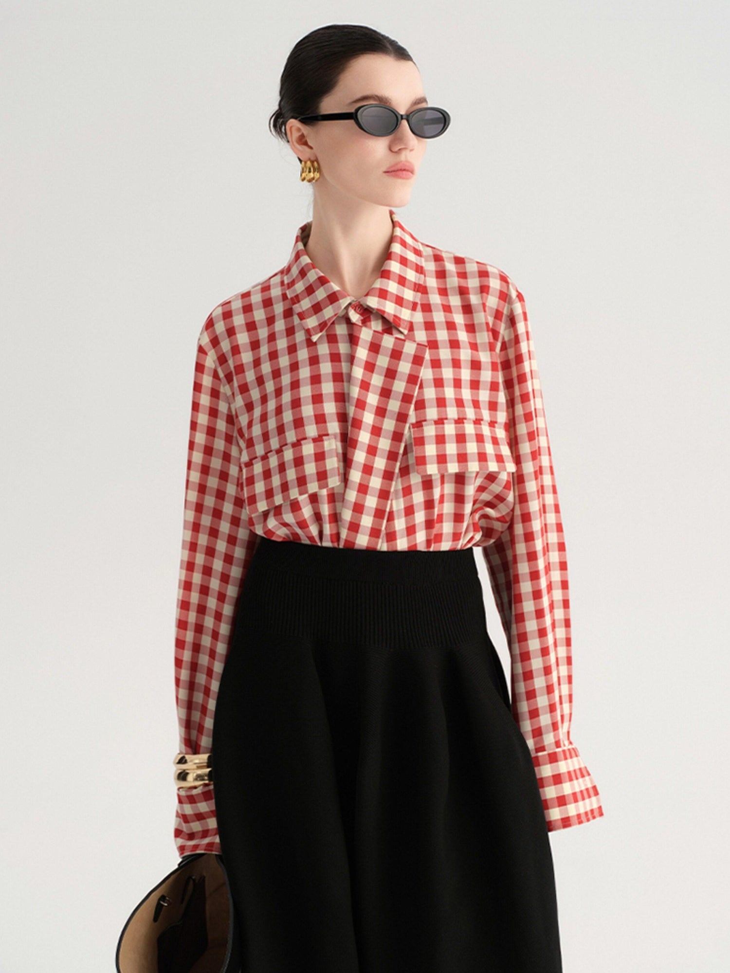 audreyyang Vintage Plaid Loose Fit Long Sleeve Collared Open Front Polyester Women Shirts