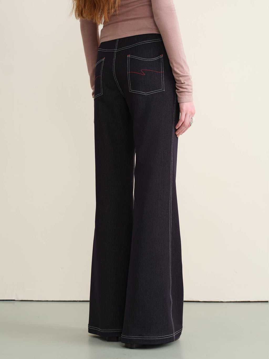 someone sometimes Stretch Minimal Natural Waist Topstitch Detail Women Midnight Blue Flared Jeans