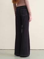 someone sometimes Stretch Minimal Natural Waist Topstitch Detail Women Midnight Blue Flared Jeans