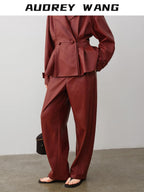 audreyyang 100 Percent Polyester Loose Fit Burgundy Women Wide Leg Pants