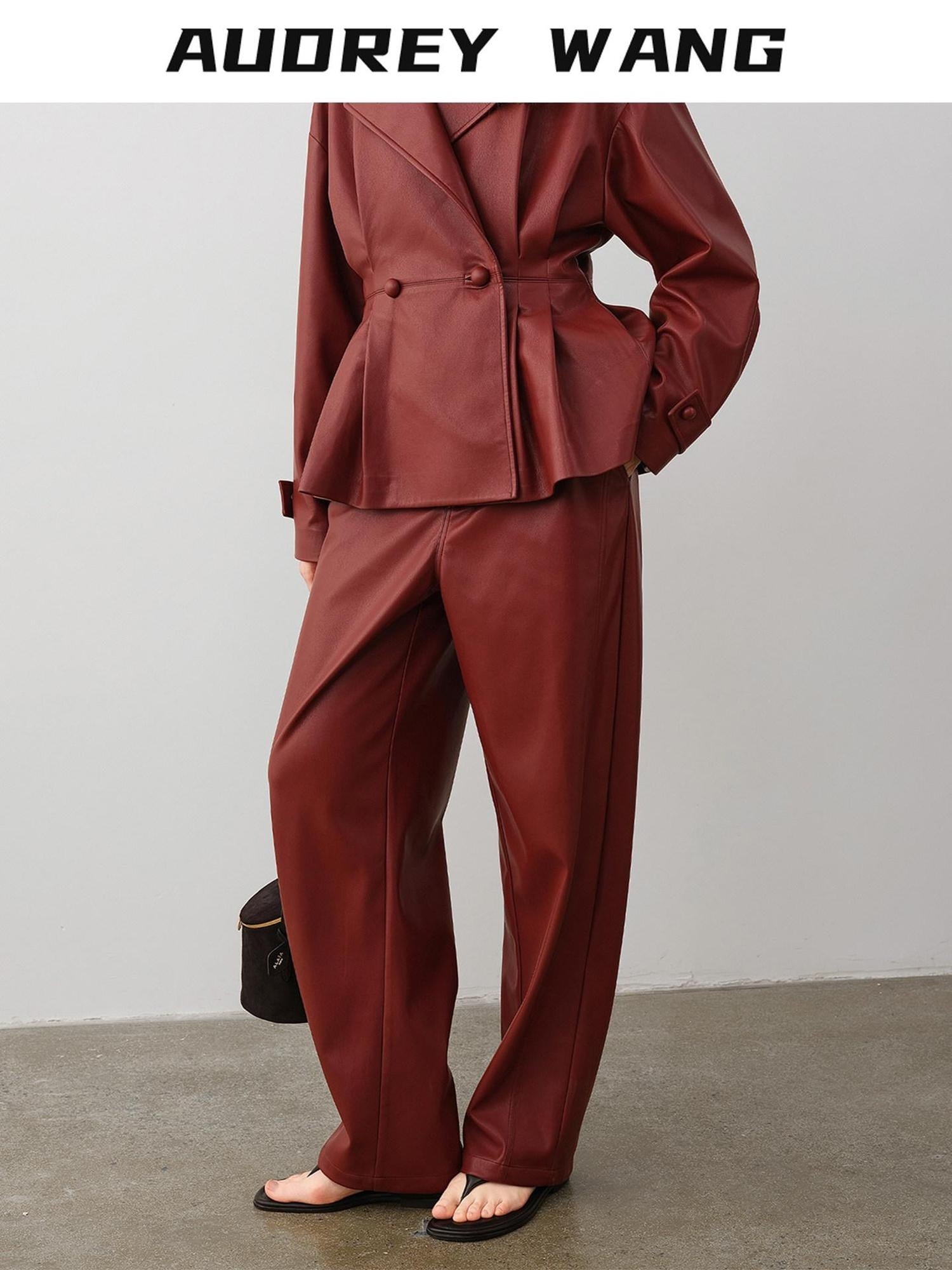 audreyyang 100 Percent Polyester Loose Fit Burgundy Women Wide Leg Pants