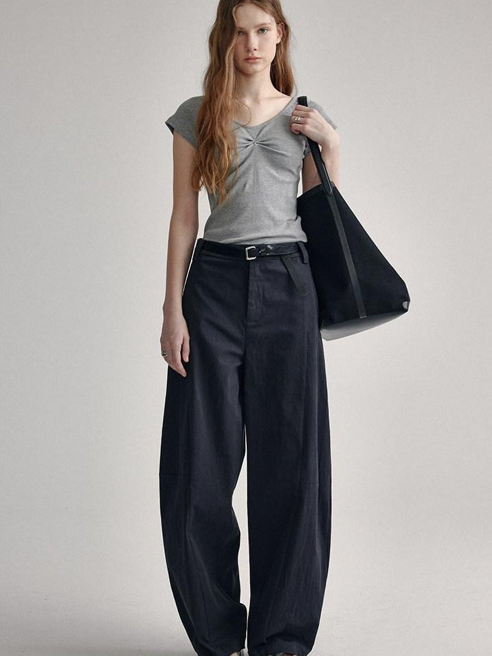 fano V-neck Drawstring Cotton Blend Minimal Straight Women Short Sleeve T-Shirts