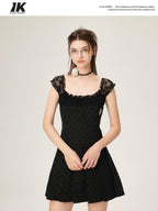 ikyou Waist Defining Lace Minimalist Off Shoulder A Line Black Midi Dresses