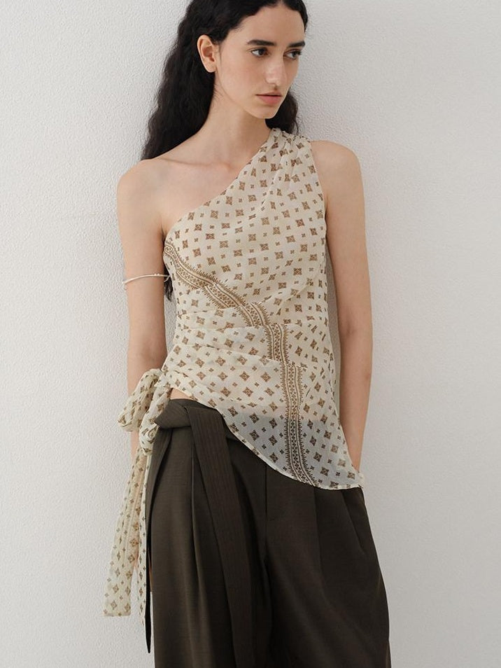 someonesometimes Ruched Asymmetrical Tie One Shoulder Workwear Floral Polyester Beige Tube Tops