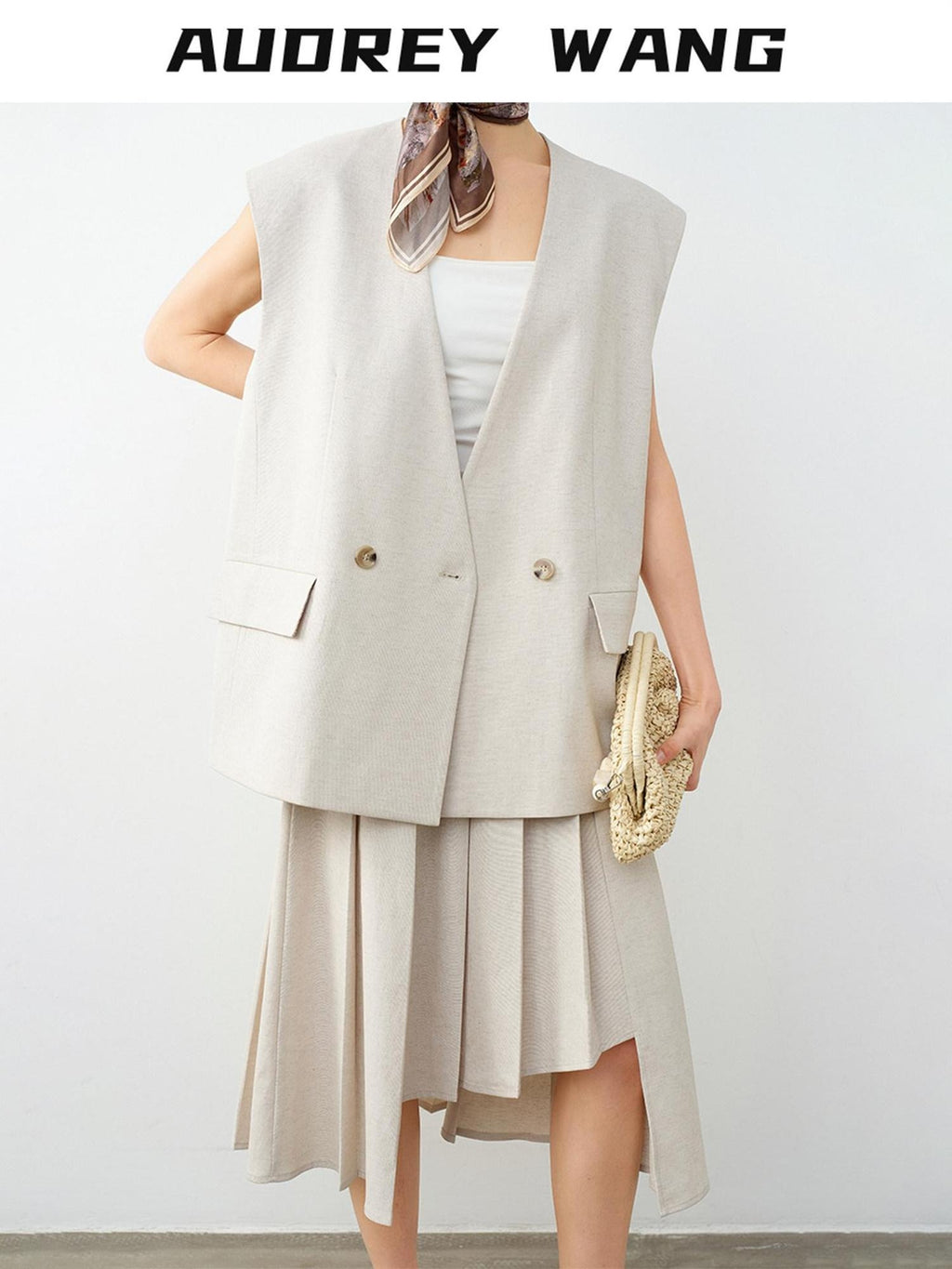 audreyyang Soft Polyester Cotton Blend U Neck Single Button Office Chic Women Vests