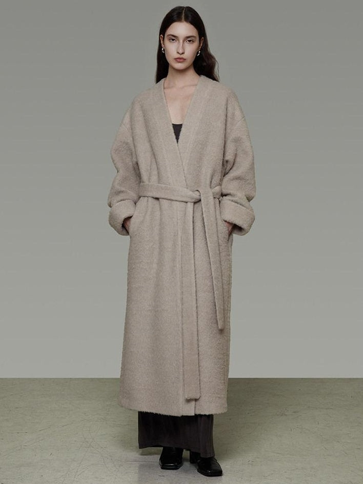 unspoken Cozy Sheepswool Belted Loose Fit Minimal Office V-neck Mid Length Wool Coats