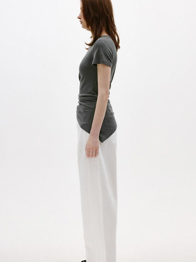 fano Lyocell Wool Blend Korean Slim Round Neck Long Sleeve Deep Gray Basic Crop Tops