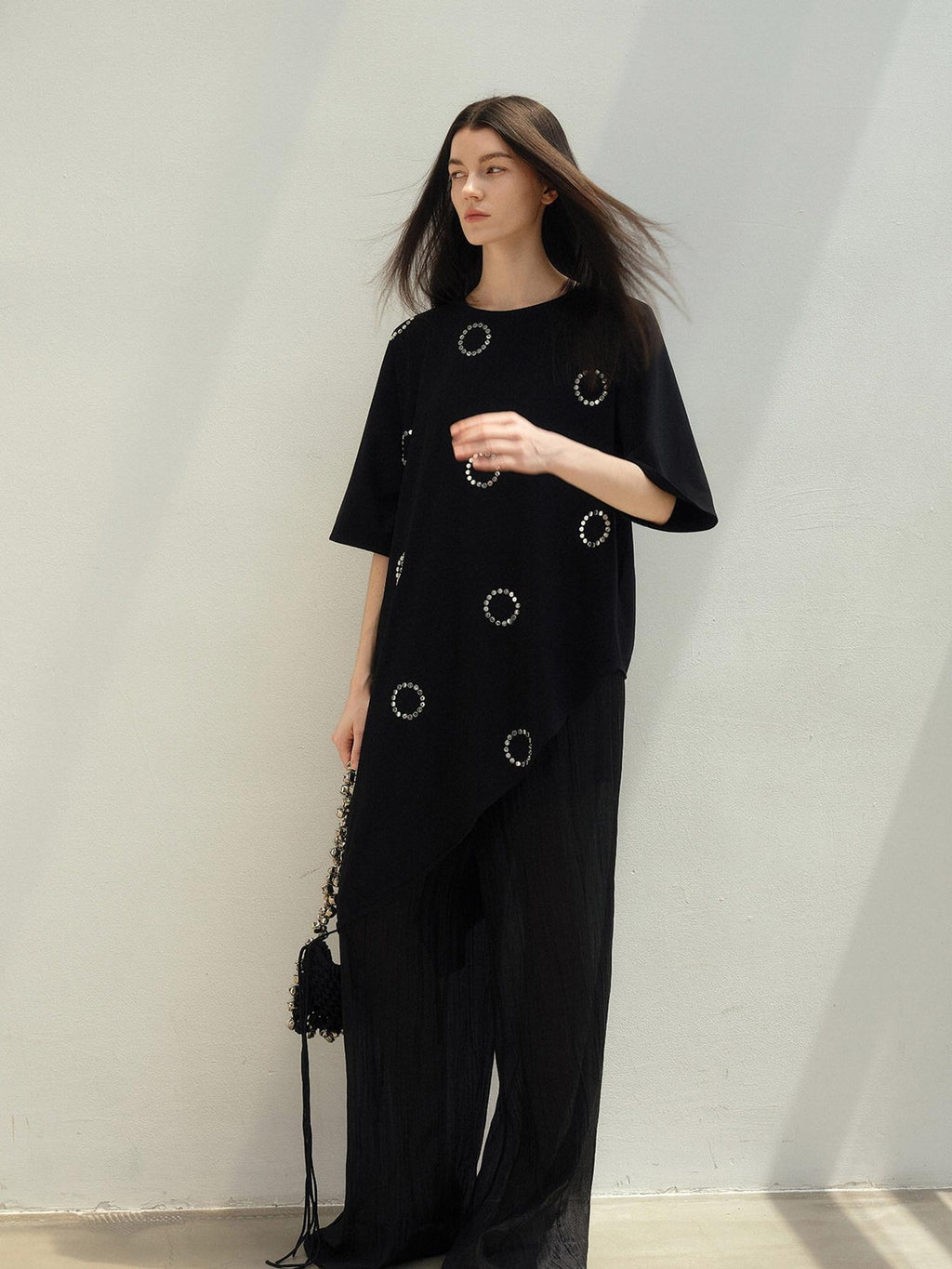 audreyyang Rhinestone Minimal Asymmetric Loose Fit Cotton Midlength Short Sleeve T-Shirts