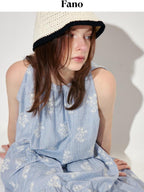 fano 100 Percent Cotton Sleeveless A Line Korean Commuter Women Blue Maxi Dresses