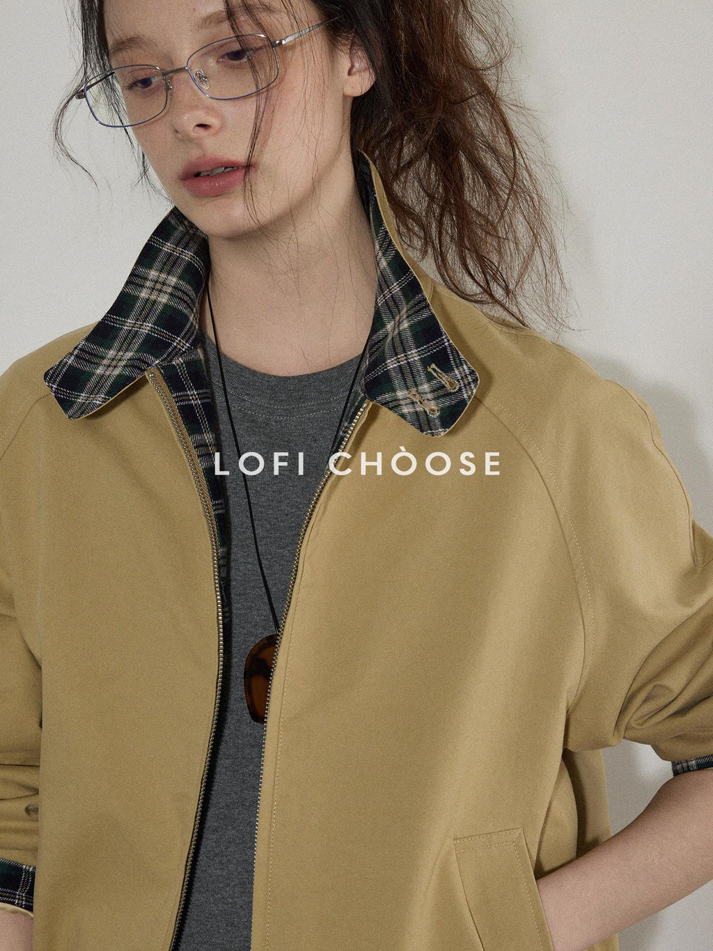 Lofi choose Pure Cotton Office Loose Raglan Zipper Plaid Women Khaki Cropped Jackets